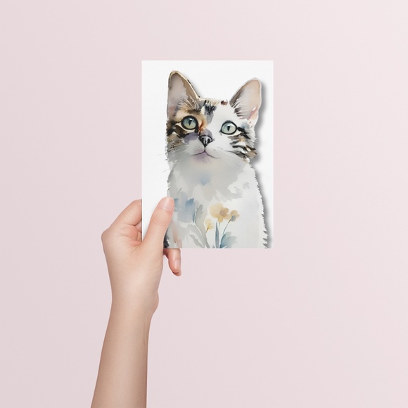 Watercolor Cat With Flowers Portrait Wall Art Illustration Print Poster Unframed - Picture 4 of 6